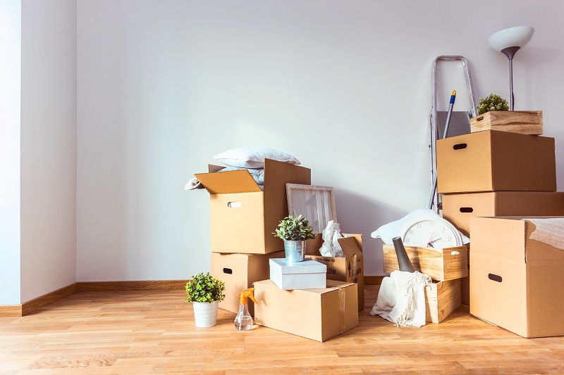 Move. Cardboard boxes and cleaning things for moving into a new home, local movers
